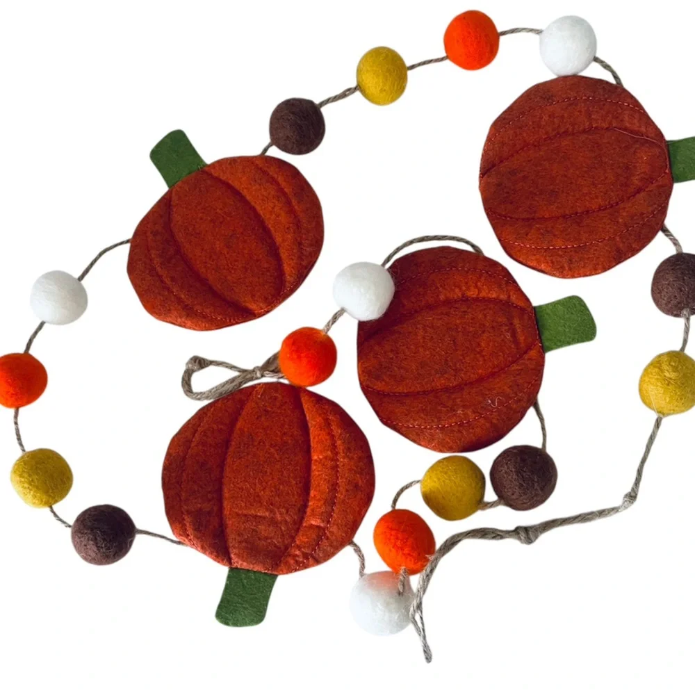 Wool Pumpkins and various color balls Garland for Fall, Thanksgiving, Halloween